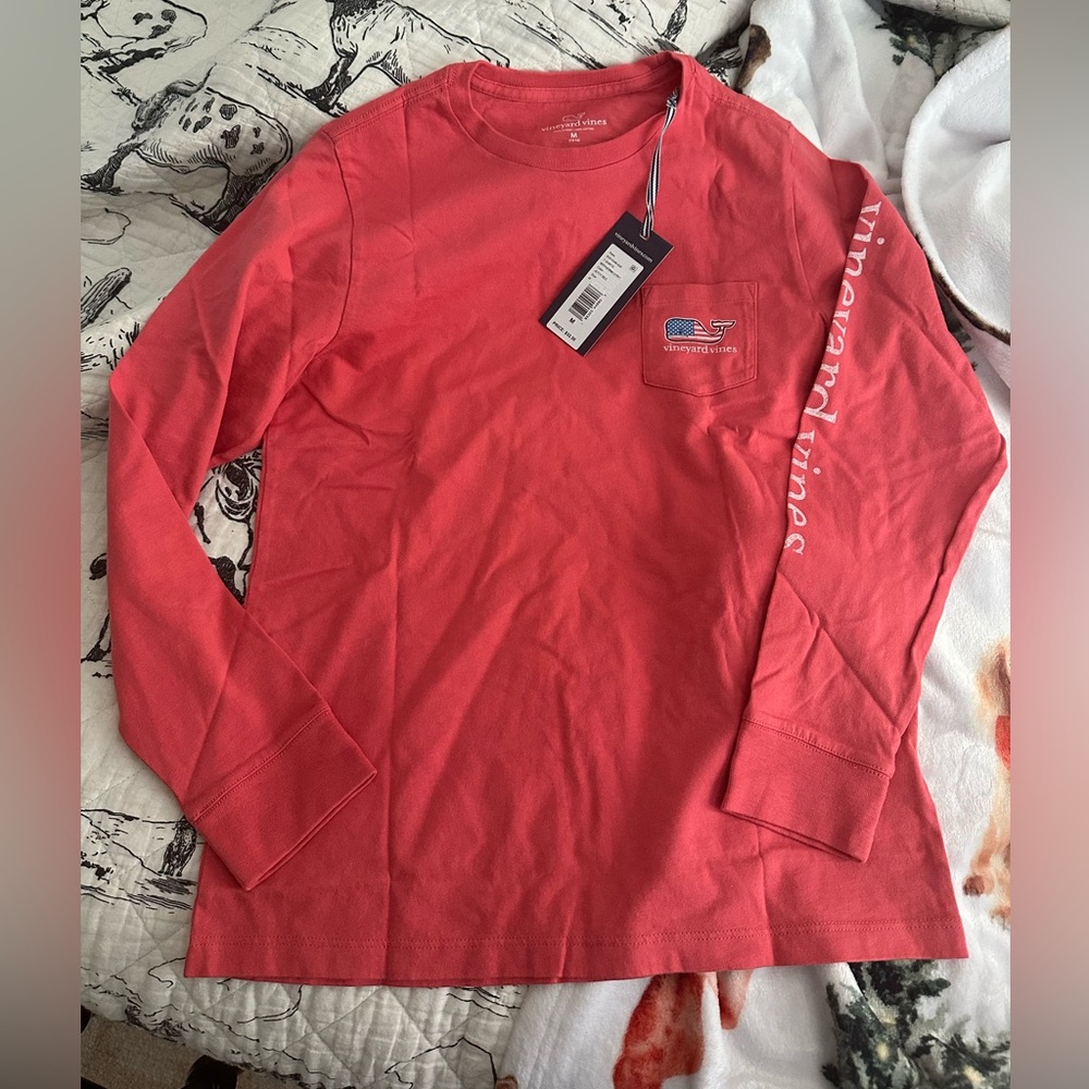 Vineyard Vines Coral Long Sleeve Pocket Tee with Sleeve Logo